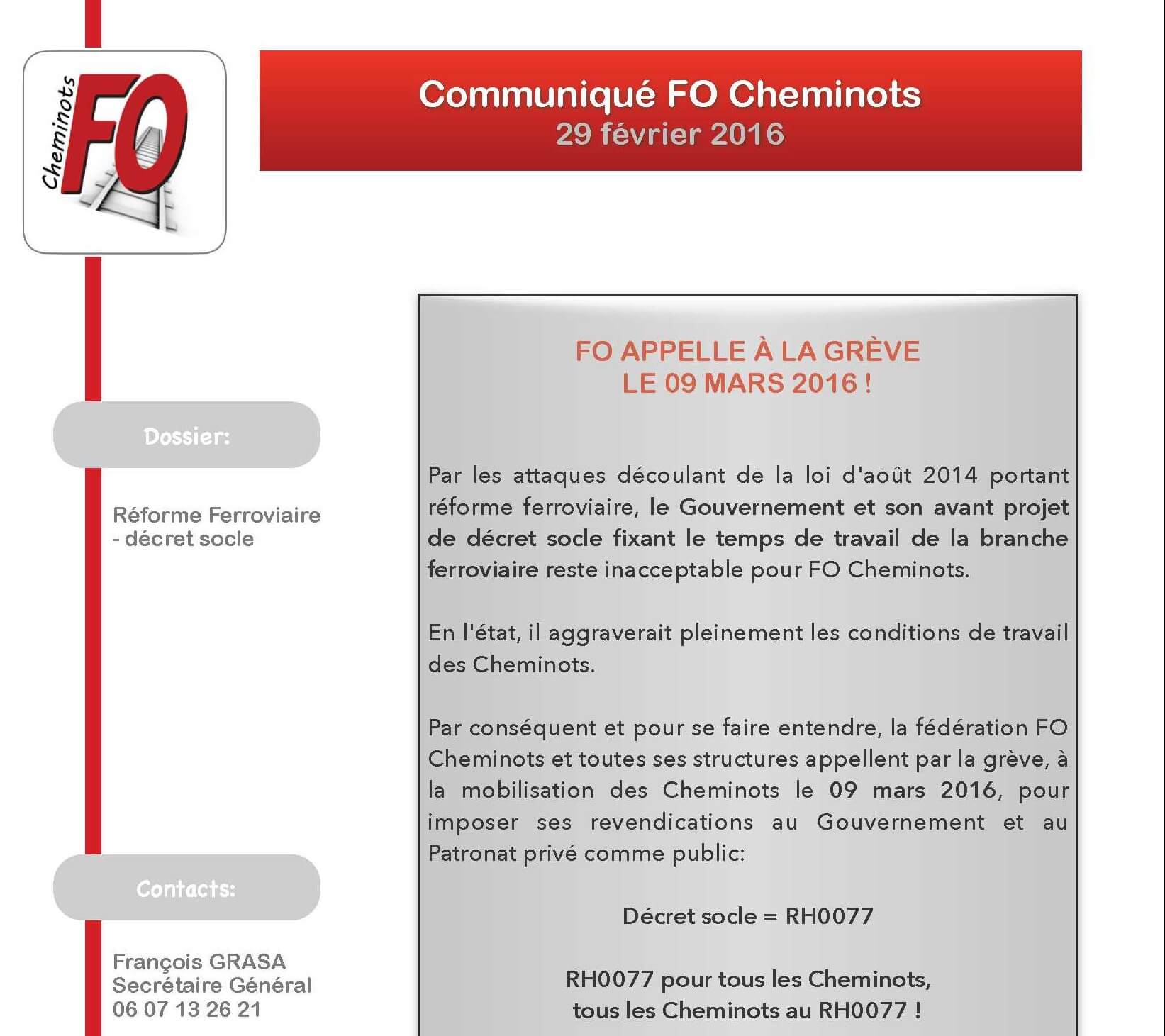 FO Cheminots appelle à la grève le 09 mars 2016 contre l’avant projet de décret socle fixant les règles de temps de travail dans la branche ferroviaire