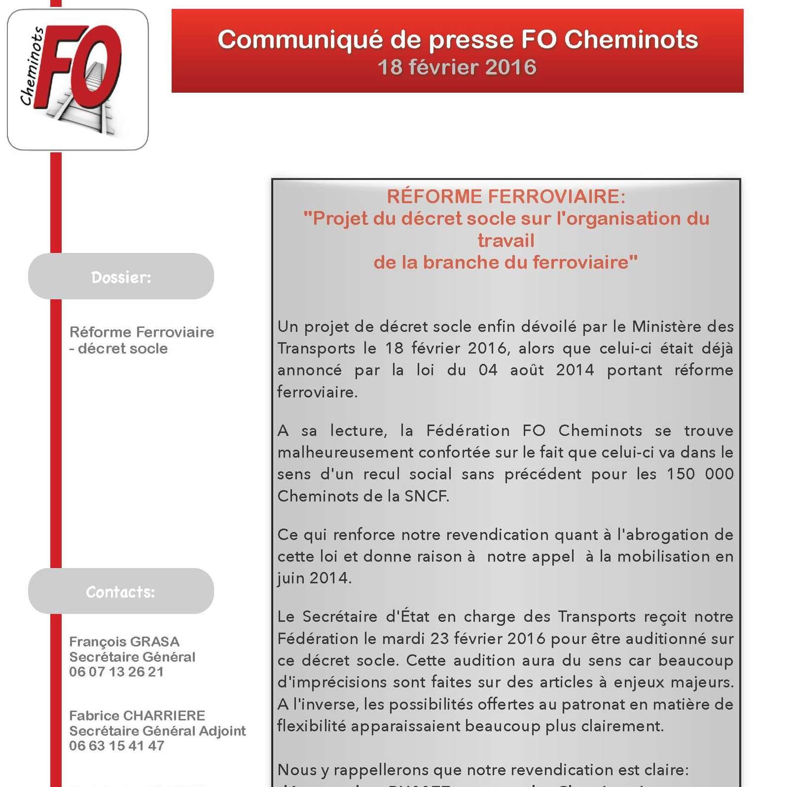 Communiqué de la Fédération FO des Cheminots du 19 février 2016 sur le projet de décret socle